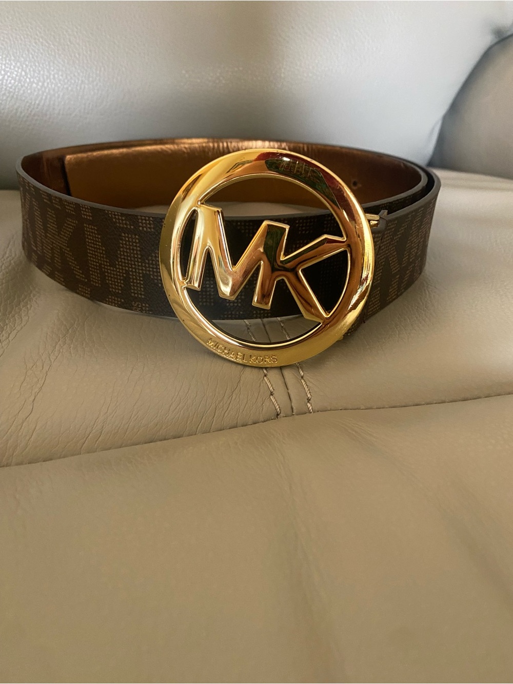 Michael Kors Brown MK Monogram Belt with Gold Logo Buckle